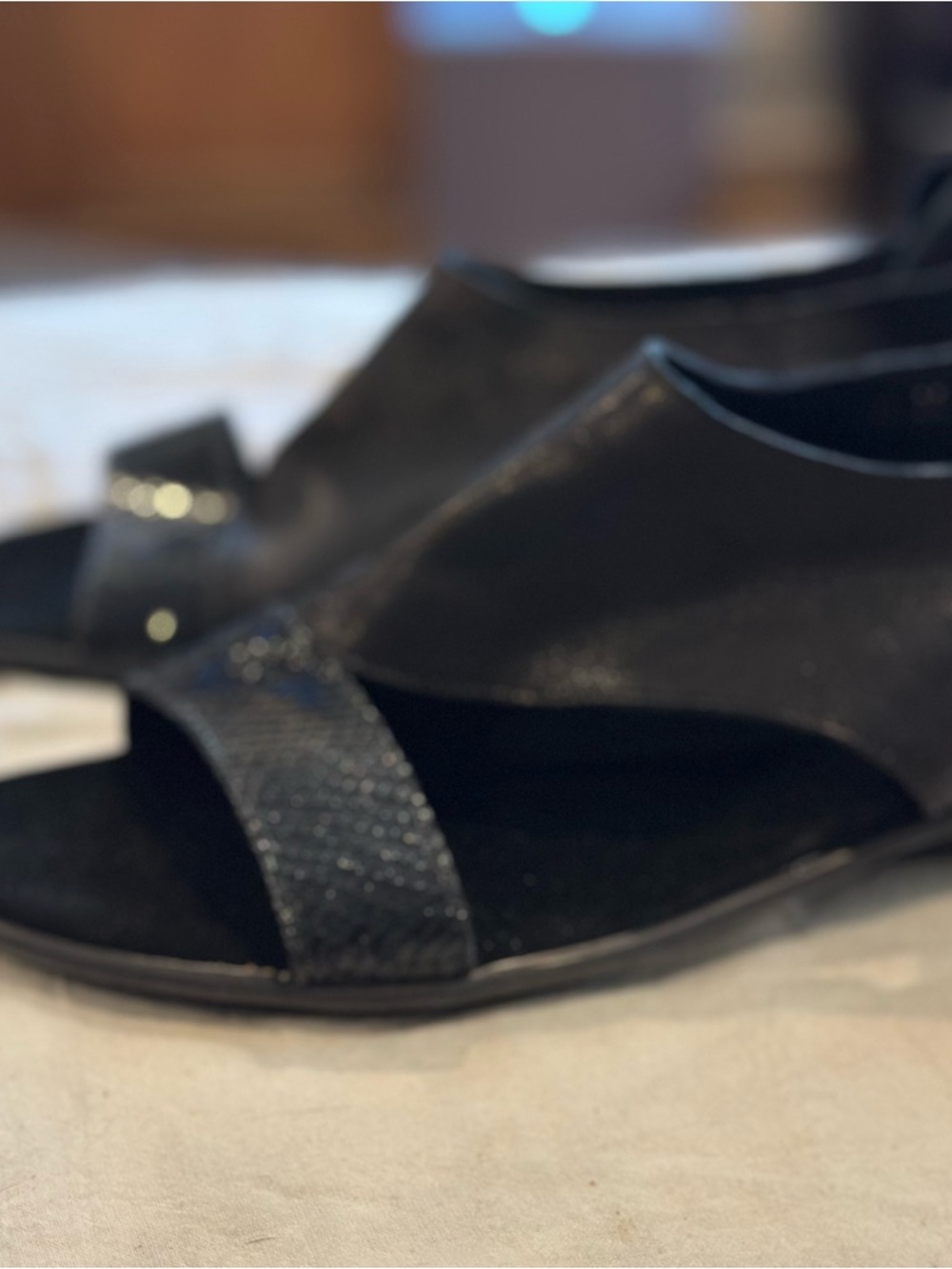 Sesto Meucci Black Open-Toe Leather Sandal with Snakeskin Accent - Picture 4 of 10